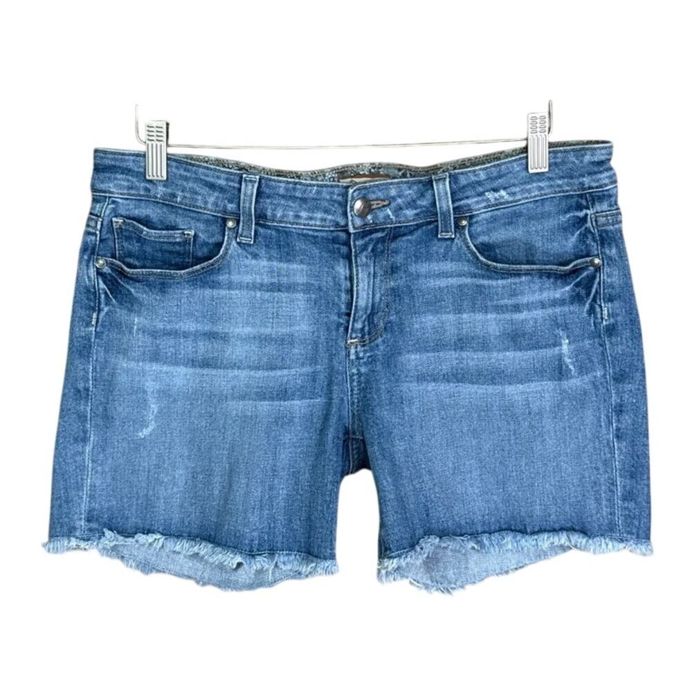 Paige Jimmy Jimmy Jean Shorts Blue Denim Frayed Hem Distressed Size 29